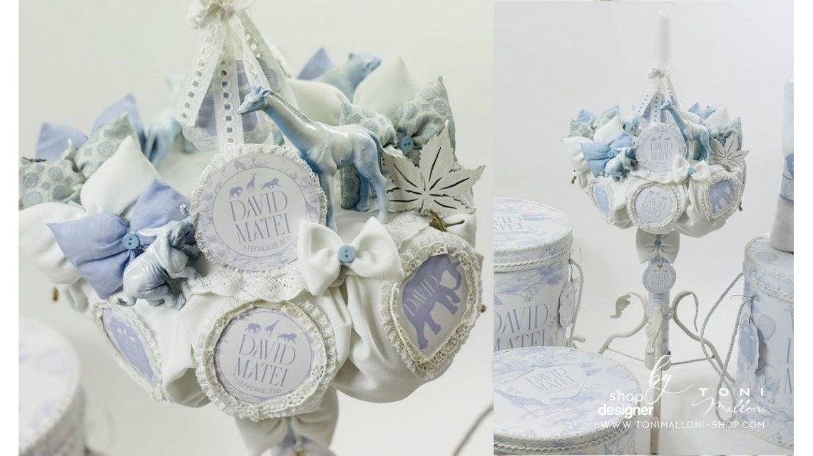 Lumânare botez băieți Blue Animals Safari Dream alb cu accente bleu și animale exotice 18